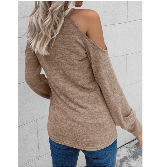 Marled Khaki Cold Shoulder Casual Long Sleeve Tee Shirt - Picture 2 of 7